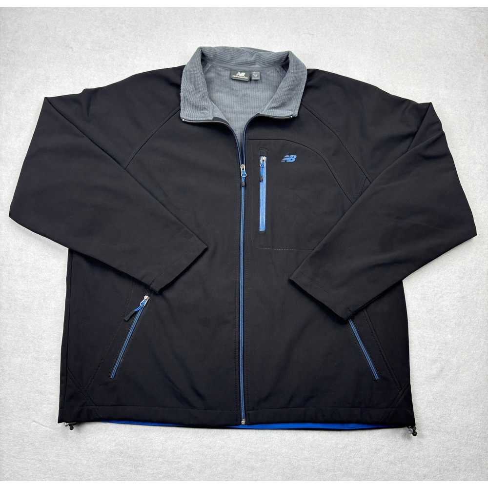 New Balance Mens XXL Black Softshell Fleece Lined Full Zip Jacket Blue Trim